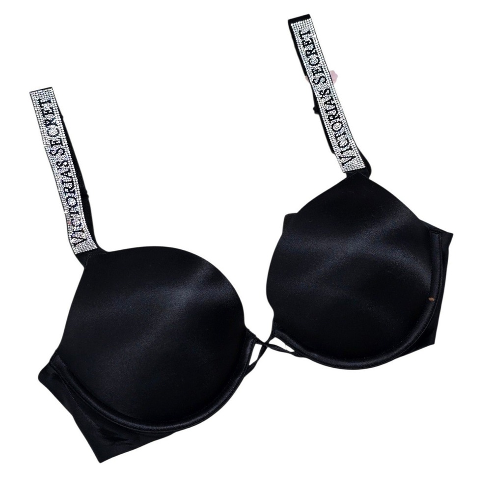 Victorias Secret Bombshell Push Up Bra Black Rhinestone Shine Strap 36B 11259387